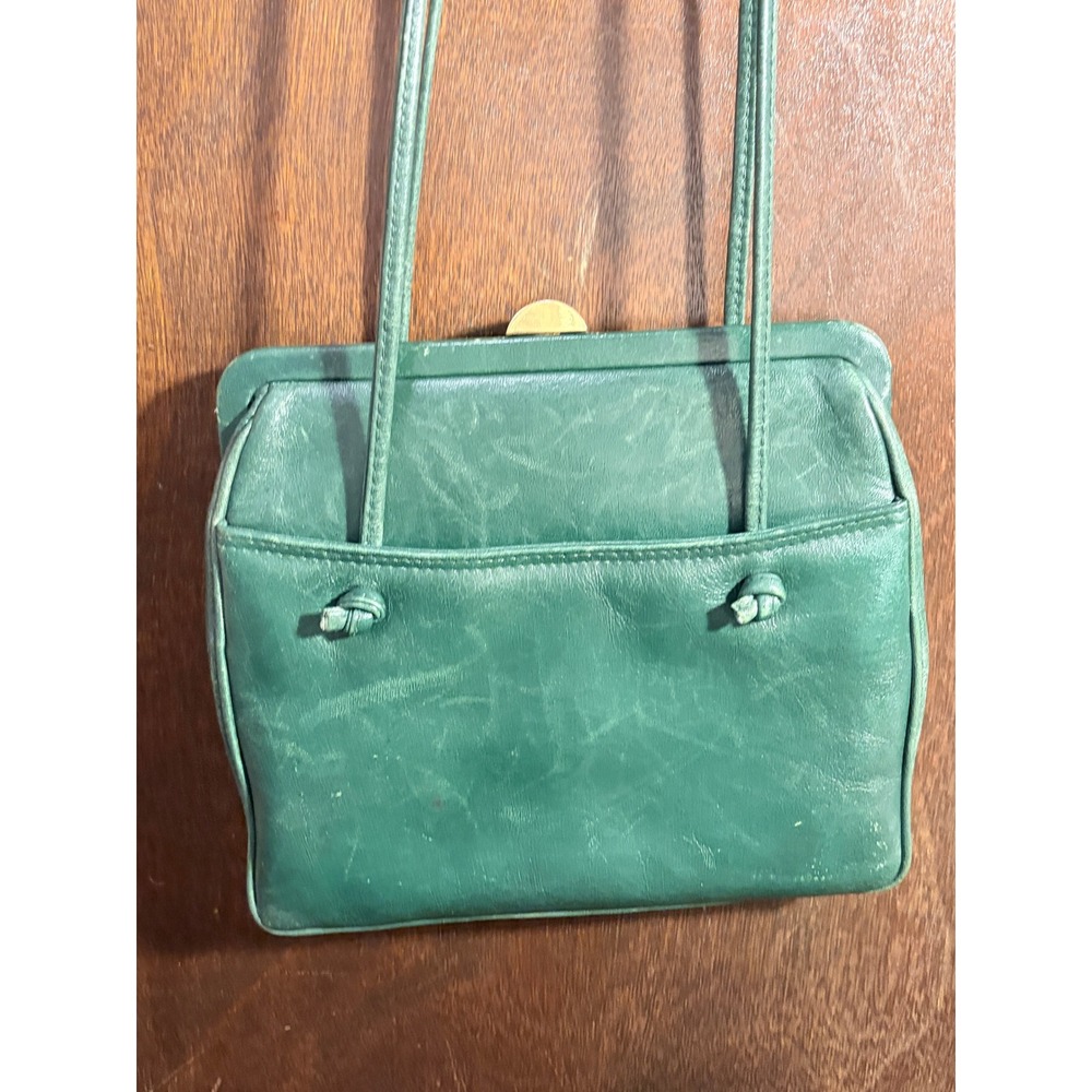 Ganson Vintage Green Leather Crossbody Frame Bag Gold Hardware Kiss Lock Retro - Picture 3 of 15